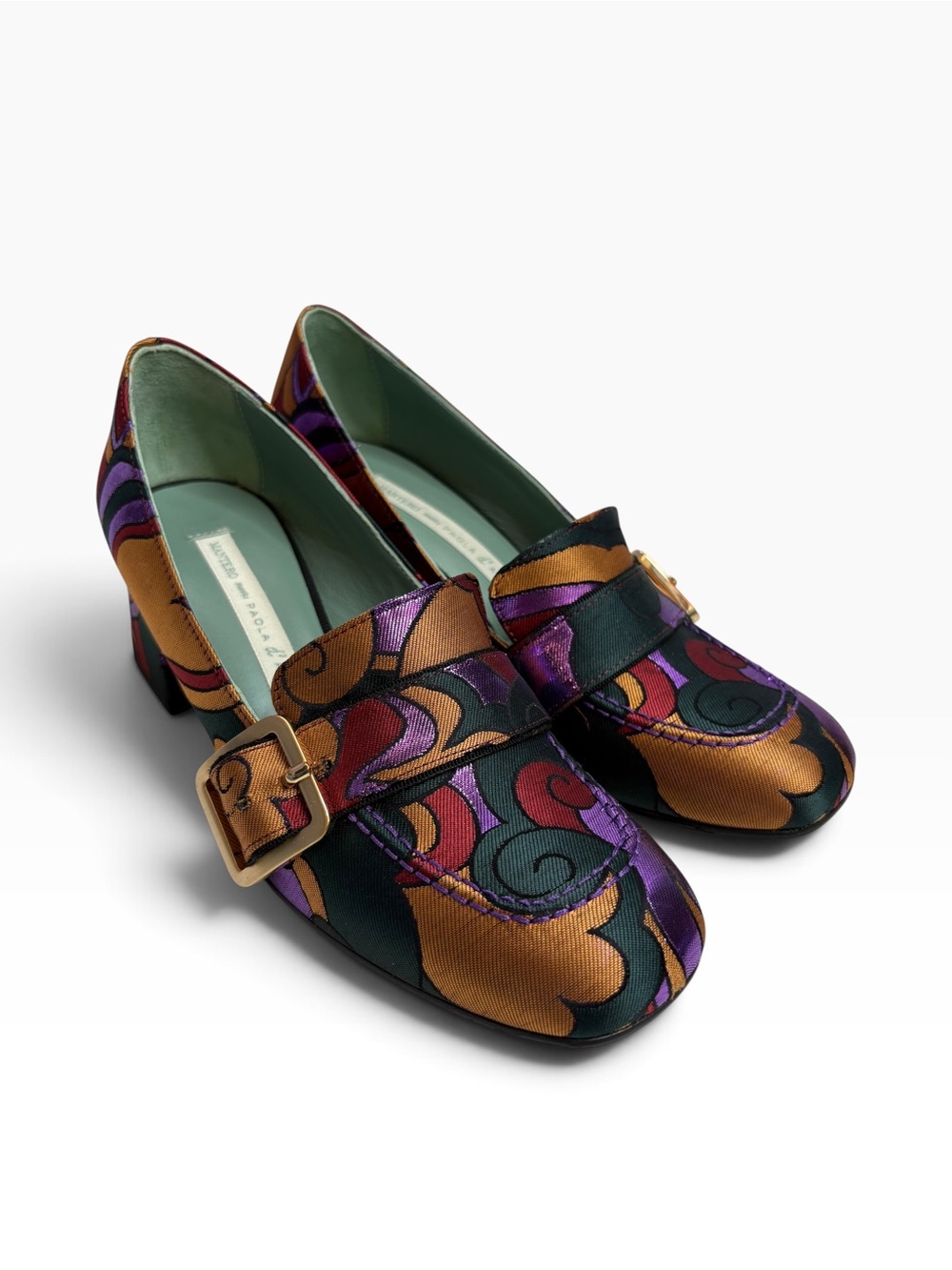 PAOLA D'ARCANO Women's Patterned Silk Loafers with Buckle NWOT $368
